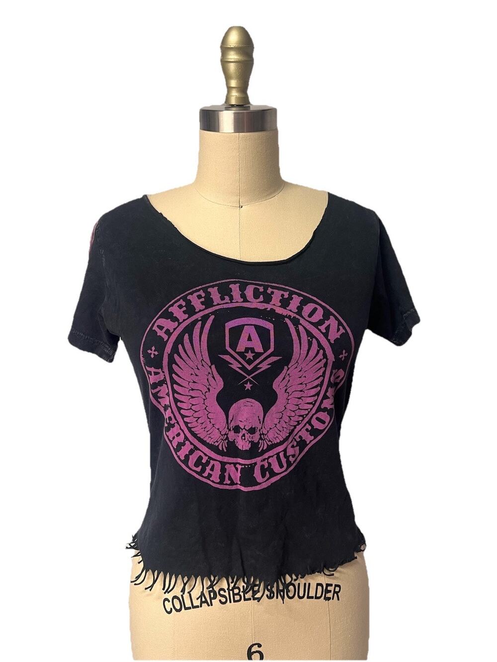 Affliction American Customs T-Shirt Womens Sz S Black Distressed Fringe Crop Y2K